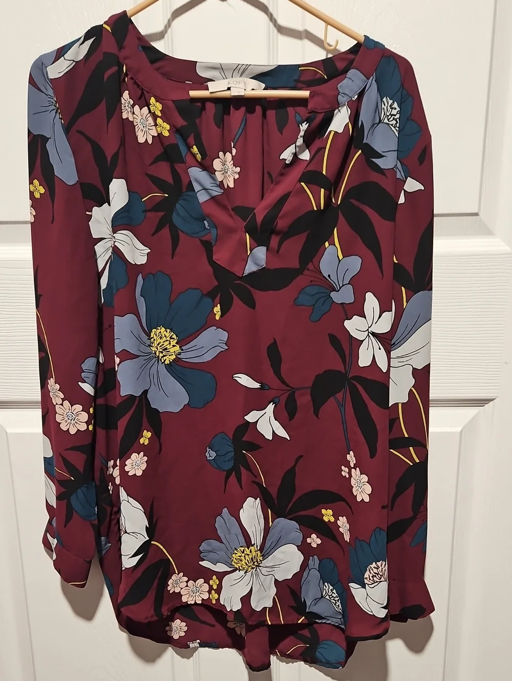 LOFT Burgundy Floral V-Neck Long-Sleeve Blouse